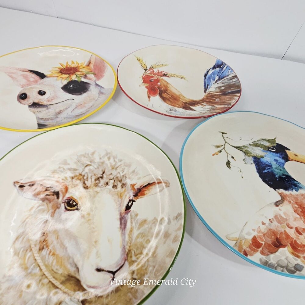 Vtg Pier 1 Imports Farm Animal Salad/Dessert Plates Hand Painted Set of 4 in Box